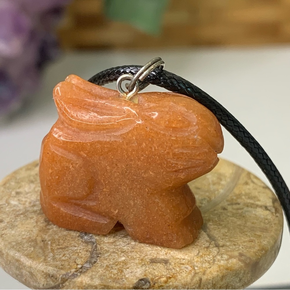 Orange Aventurine Crystal Rabbit Pendant Necklace Carved Crystal Bunny Animal
